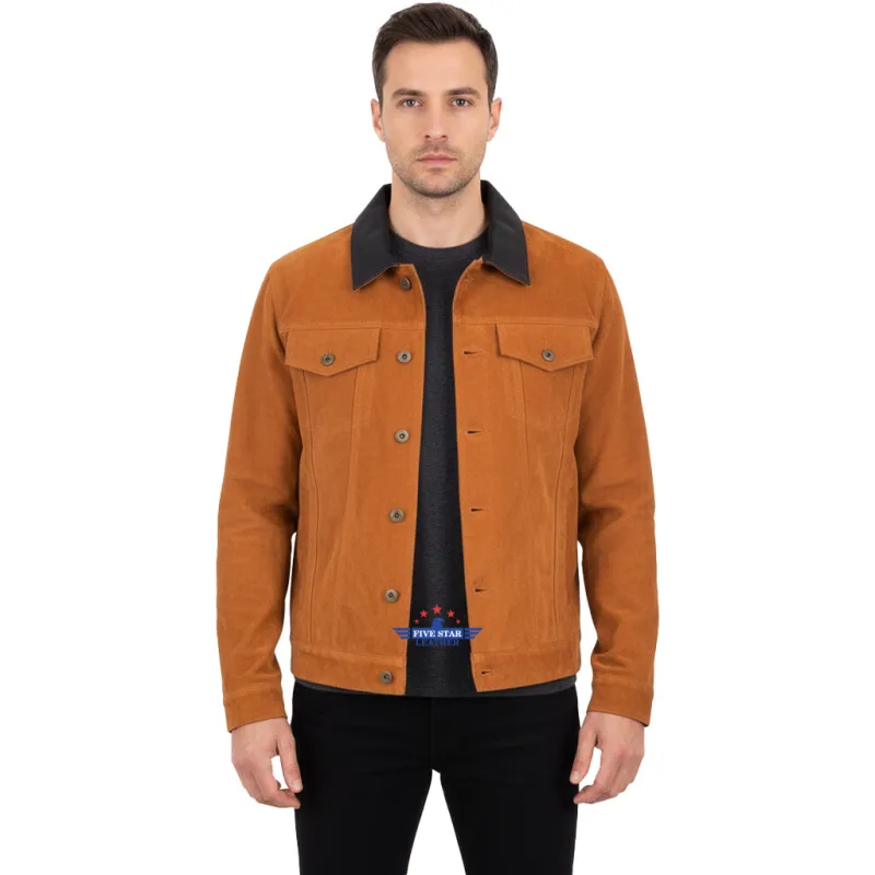Men Trucker Tan Suede Classic Western Denim Style Leather Jacket Brown Collar sold by Five Star Leather