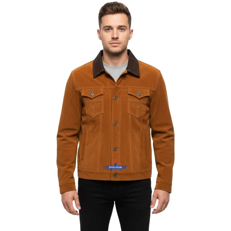 Men Trucker Tan Suede Classic Western Denim Leather Jacket Brown Collar sold by Five Star Leather