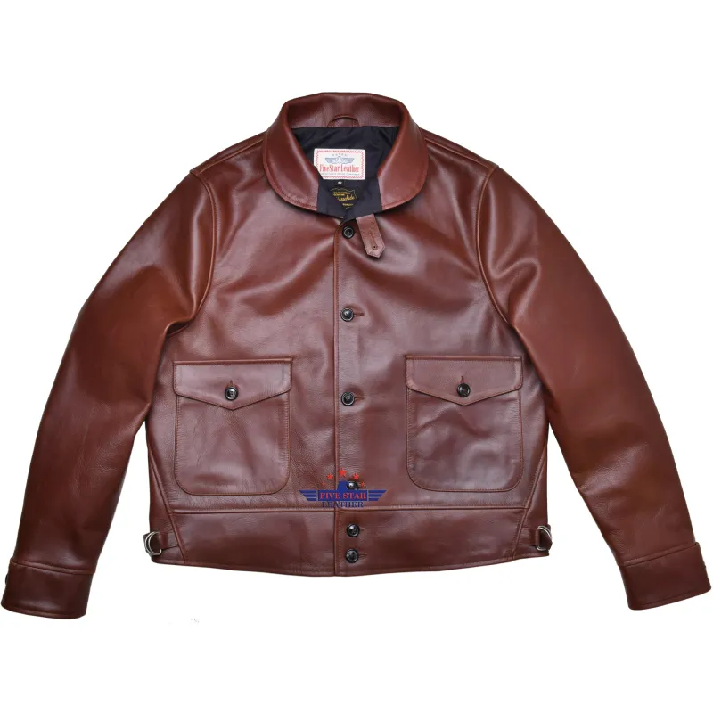 Men's Repro 1930s Vintage Cossack Real Horse Hide Brown Pull up Leather Jacket sold by Five Star Leather