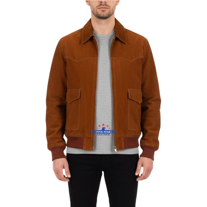 FiveStar Leather Trucker Western style Goat Suede Men Jacket Tan Brown sold by Five Star Leather