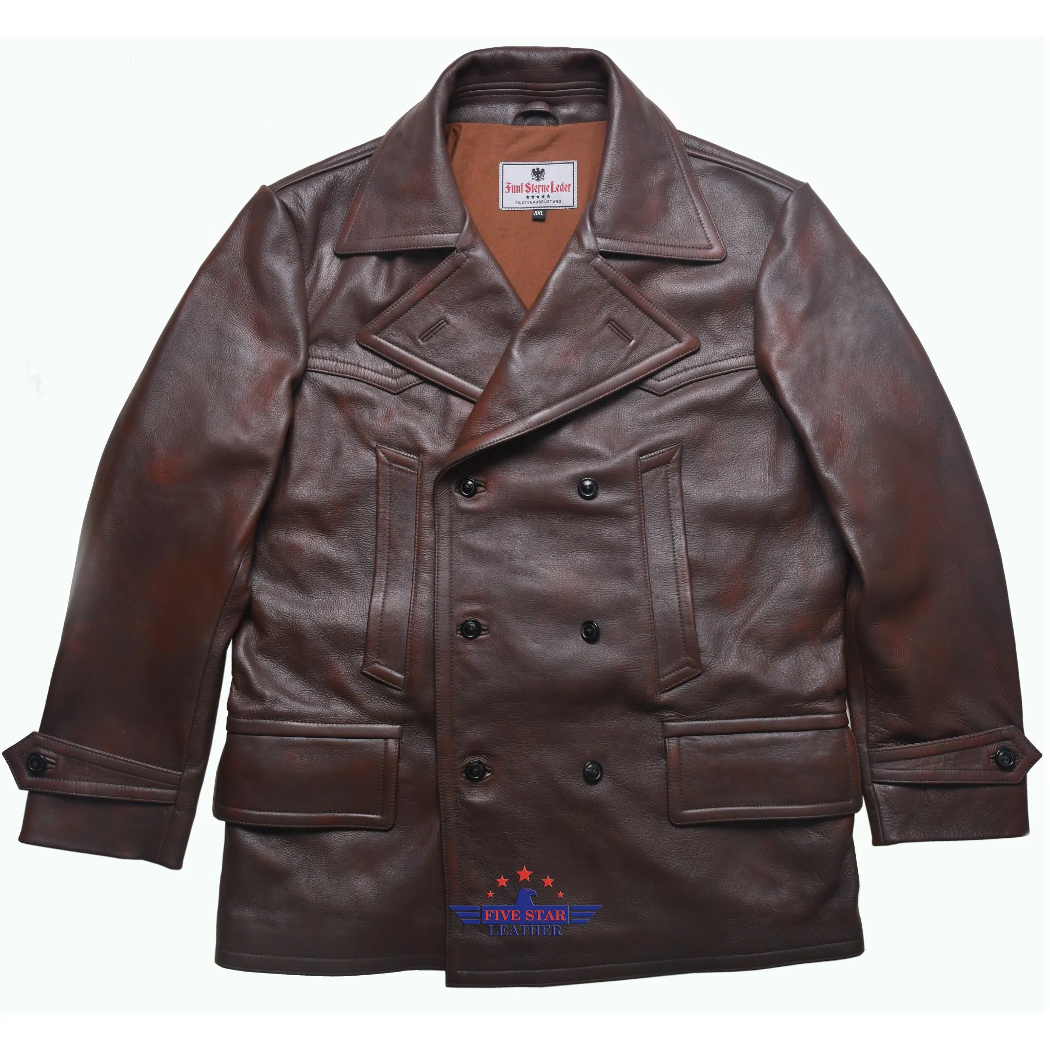 Fivestar Leather Men Double Breasted Horse Hide Mid Brown Coat sold by Five Star Leather product image thumbnail 2
