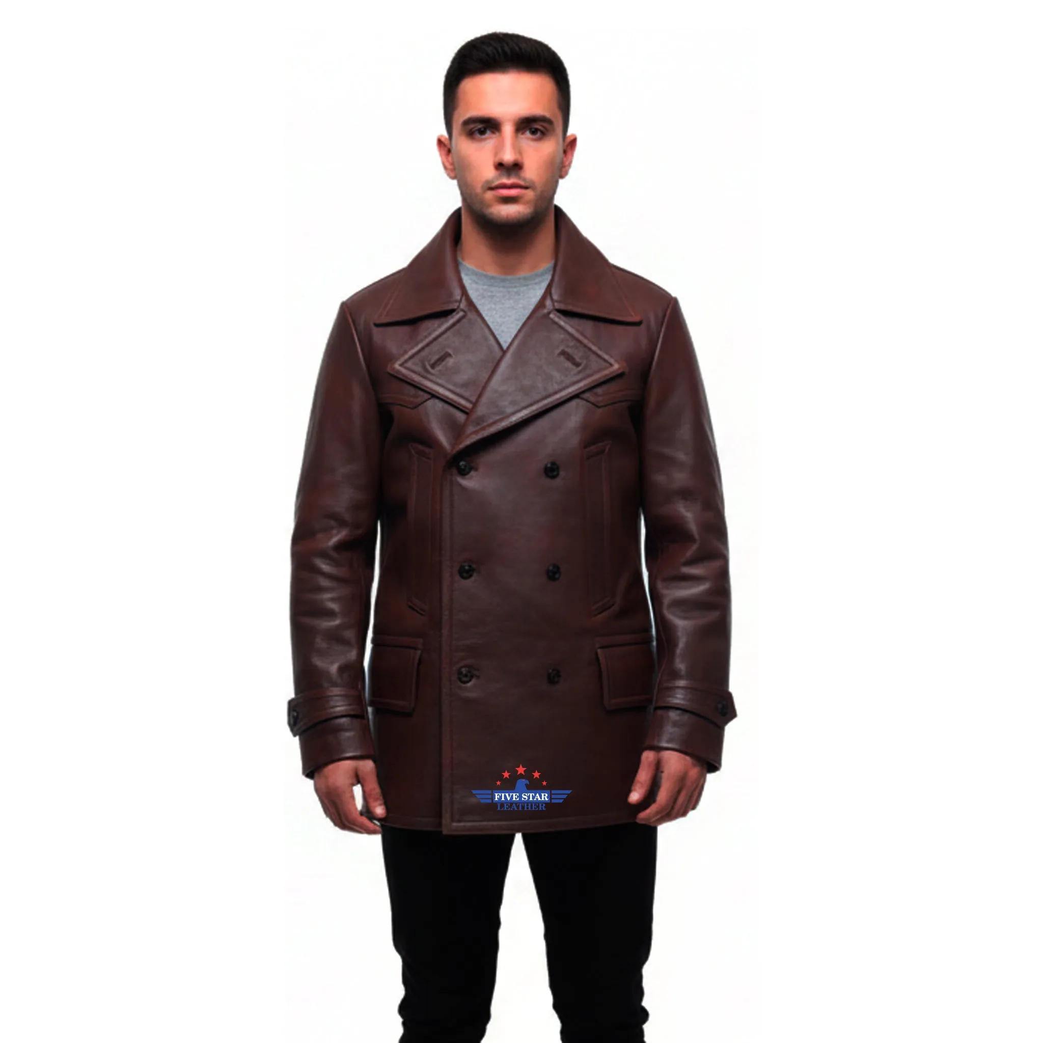 Fivestar Leather Men Double Breasted Horse Hide Mid Brown Coat sold by Five Star Leather