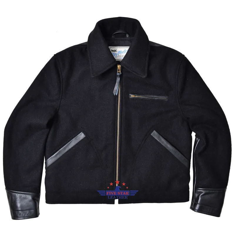 FiveStar leather 40s Style Men Sports Jacket Black Wool Fabric made by Five Star Leather