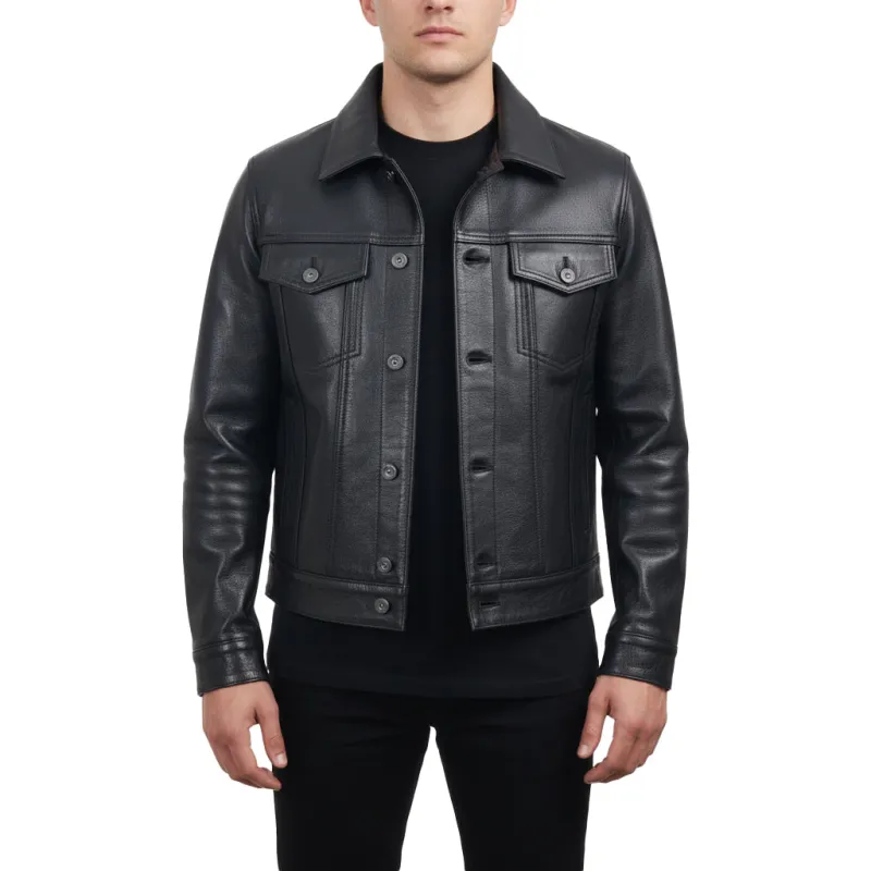 Men Trucker Black Goatskin Classic Western Denim Style with Action Back sold by Five Star Leather