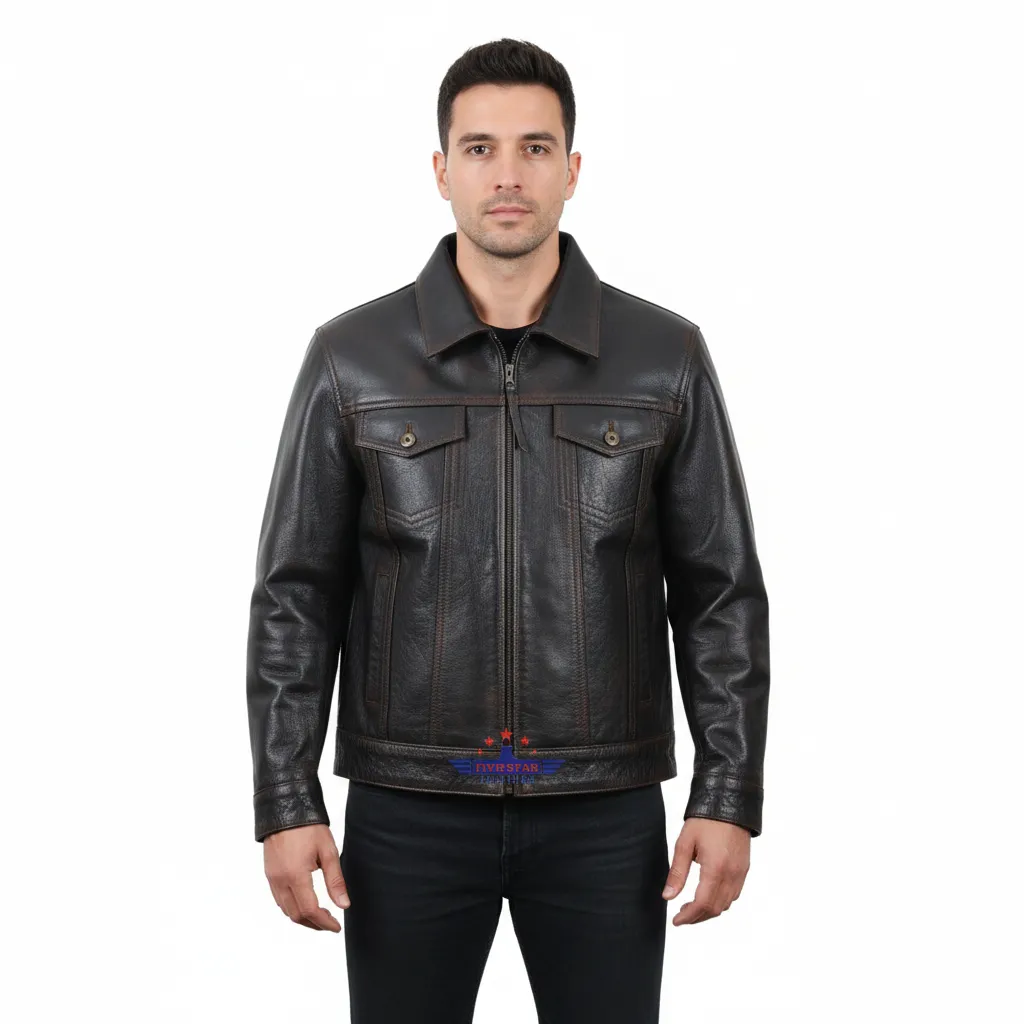 FiveStar Leather Men Trucker Classic Buffalo Distressed Brown Western Denim Leather Jacket sold by Five Star Leather