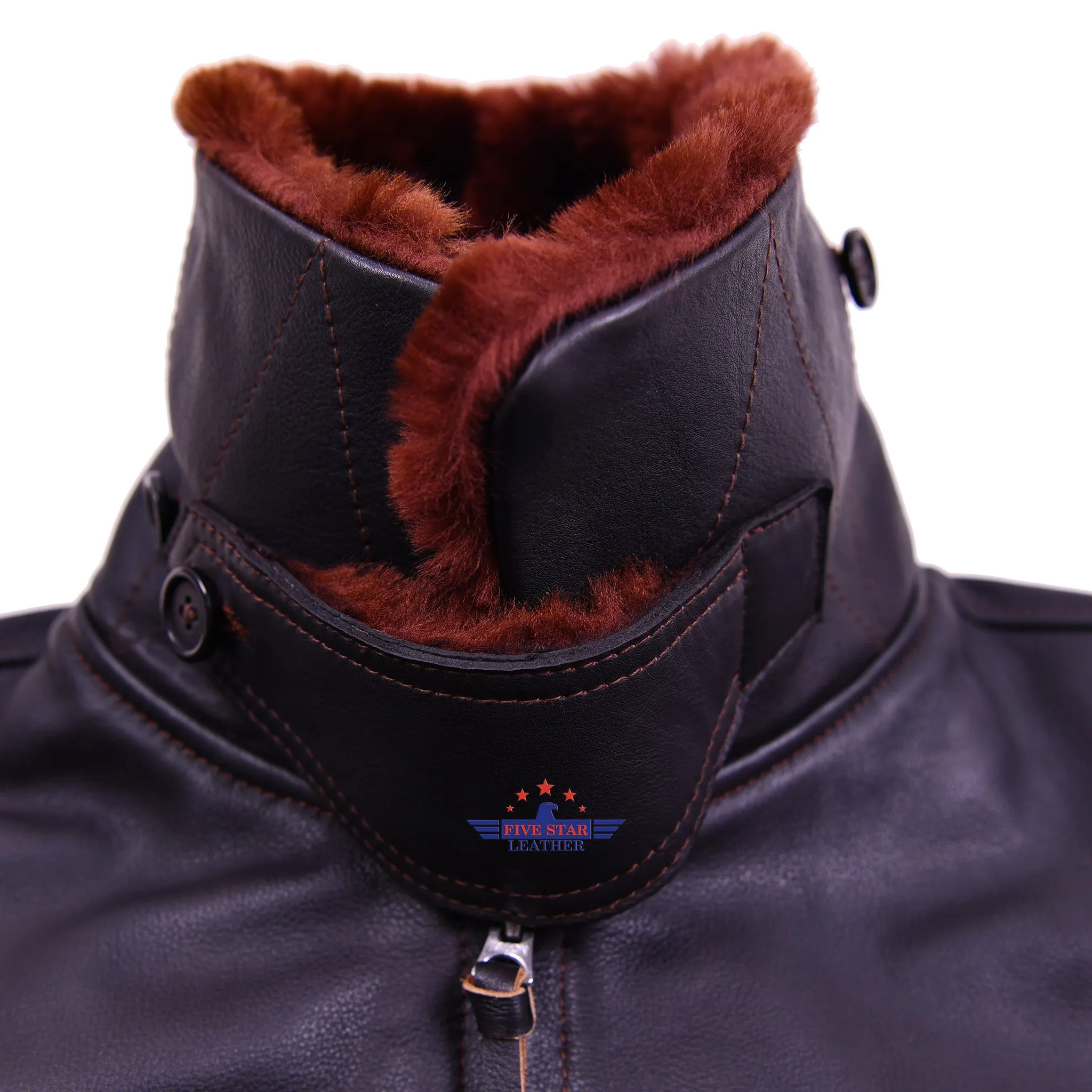 Men Sky King Wind Breaker Jacket Real Steerhide Seal Brown Leather with Mouton Fur Collar sold by Five Star Leather product image thumbnail 5