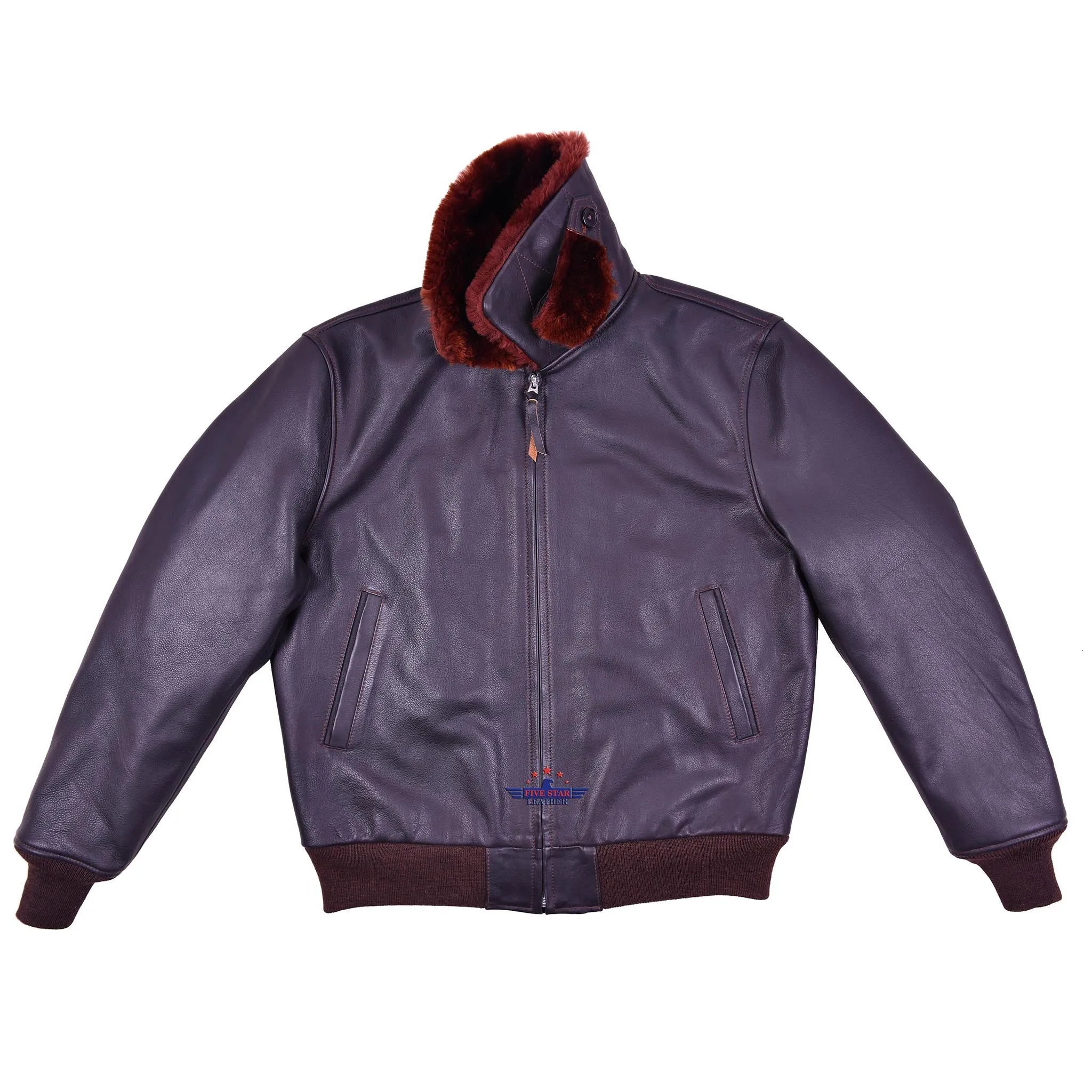 Men Sky King Wind Breaker Jacket Real Steerhide Seal Brown Leather with Mouton Fur Collar sold by Five Star Leather product image thumbnail 4