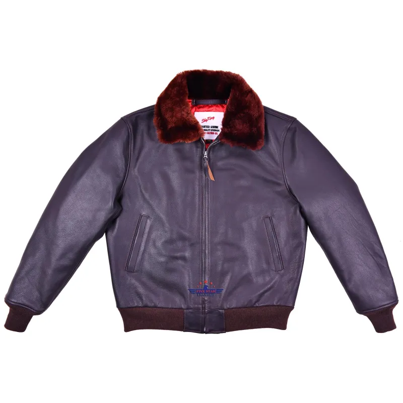 Men Sky King Wind Breaker Jacket Real Steerhide Seal Brown Leather with Mouton Fur Collar sold by Five Star Leather