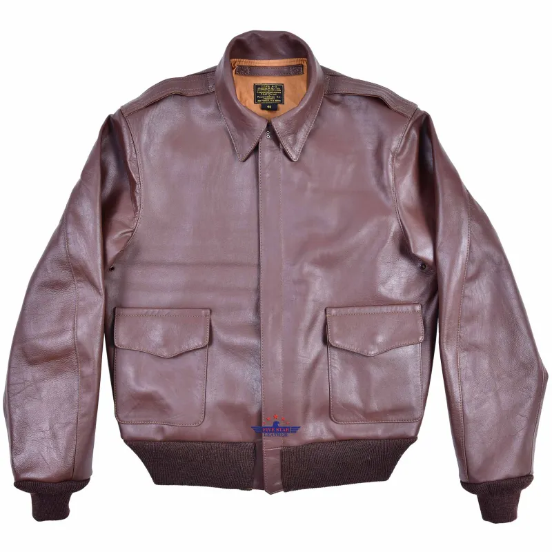 Repro Type A2 Jacket – Poughkeepsie Leather Coat Co. Inc., AC Contract No. W535AC28560, Real Horsehide Leather, Mid Brown sold by Five Star Leather