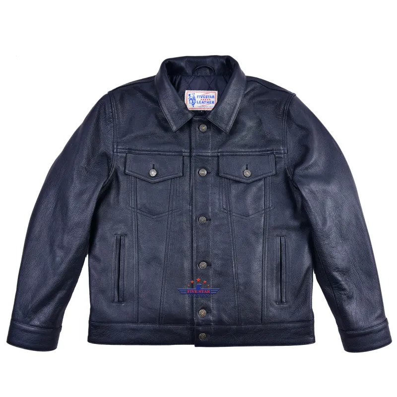 MEN TRUCKER REAL GOATSKIN CLASSIC WESTERN DENIM STYLE BLACK LEATHER JACKET sold by Five Star Leather