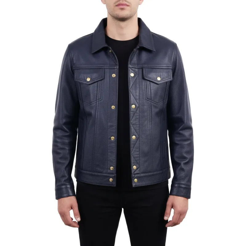 Men Trucker Real Black Goatskin Classic Western Denim Style Leather Black Jacket sold by Five Star Leather