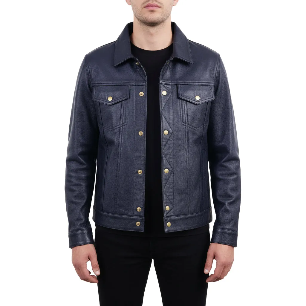 Men Trucker Real Black Goatskin Classic Western Denim Style Leather Black Jacket sold by Five Star Leather