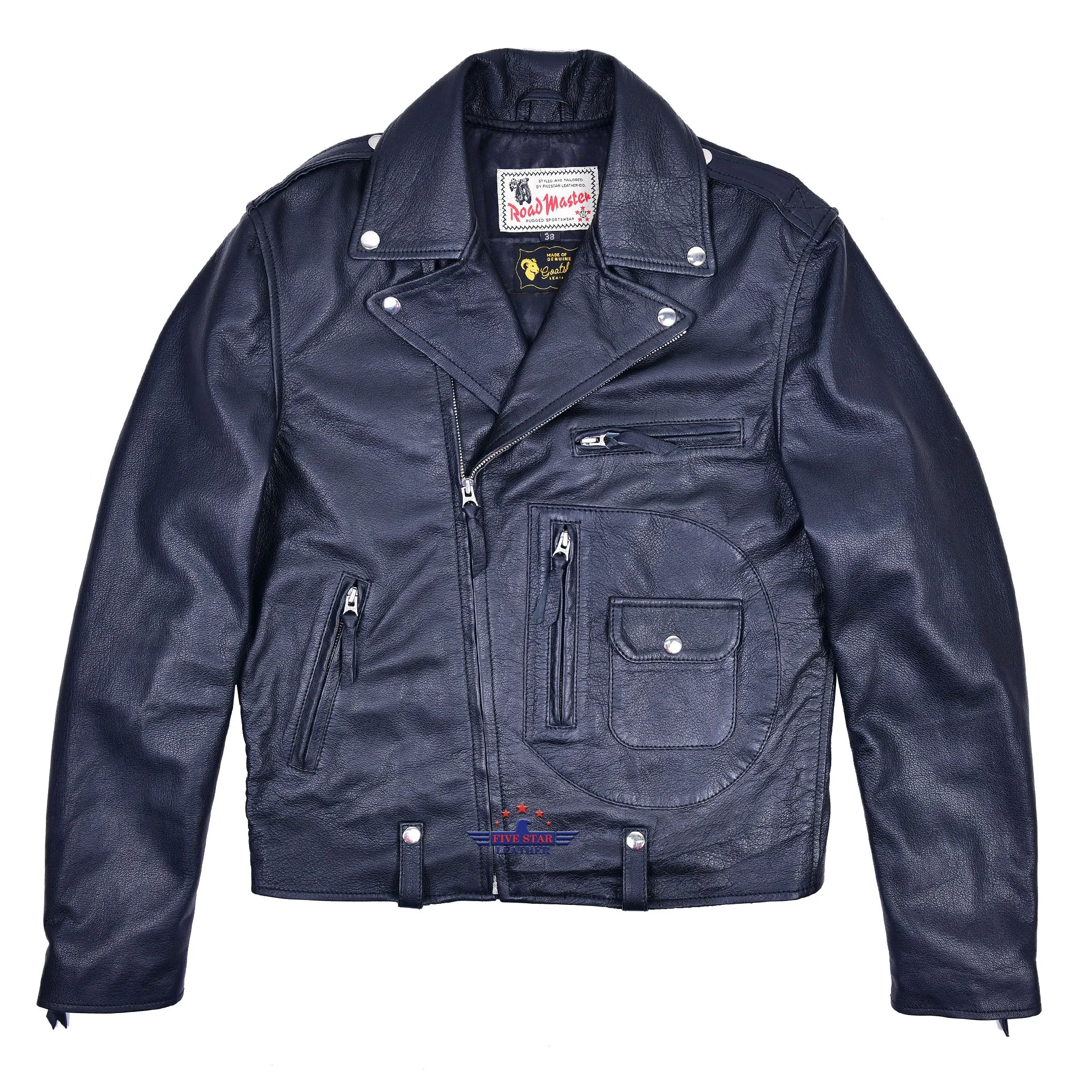FiveStar Leather Vintage D Pocket Road Master Men Jacket Black Goatskin sold by Five Star Leather