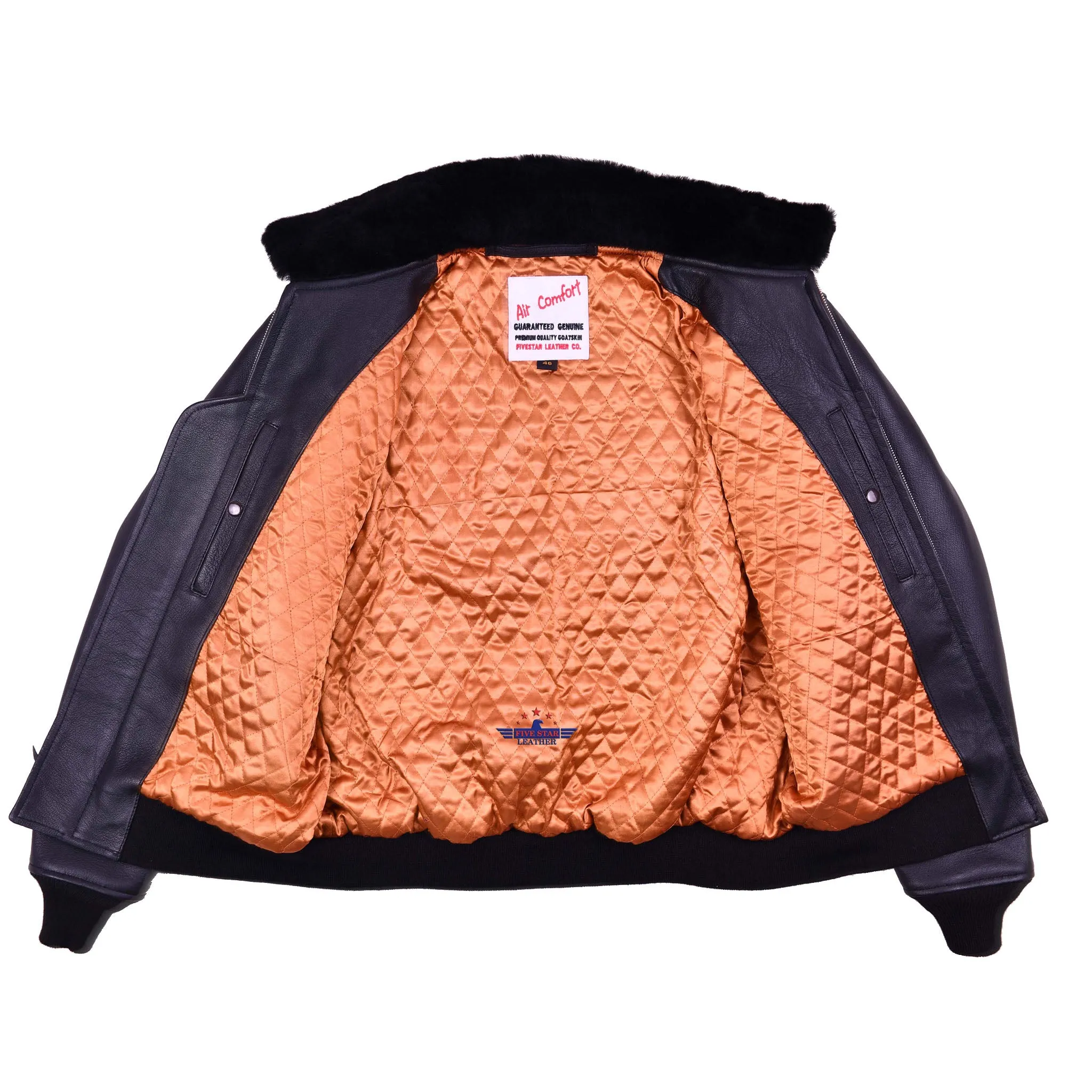 Men Real Goatskin Leather Black Jacket Wind Breaker With Mouton Fur Collar sold by Five Star Leather product image thumbnail 4