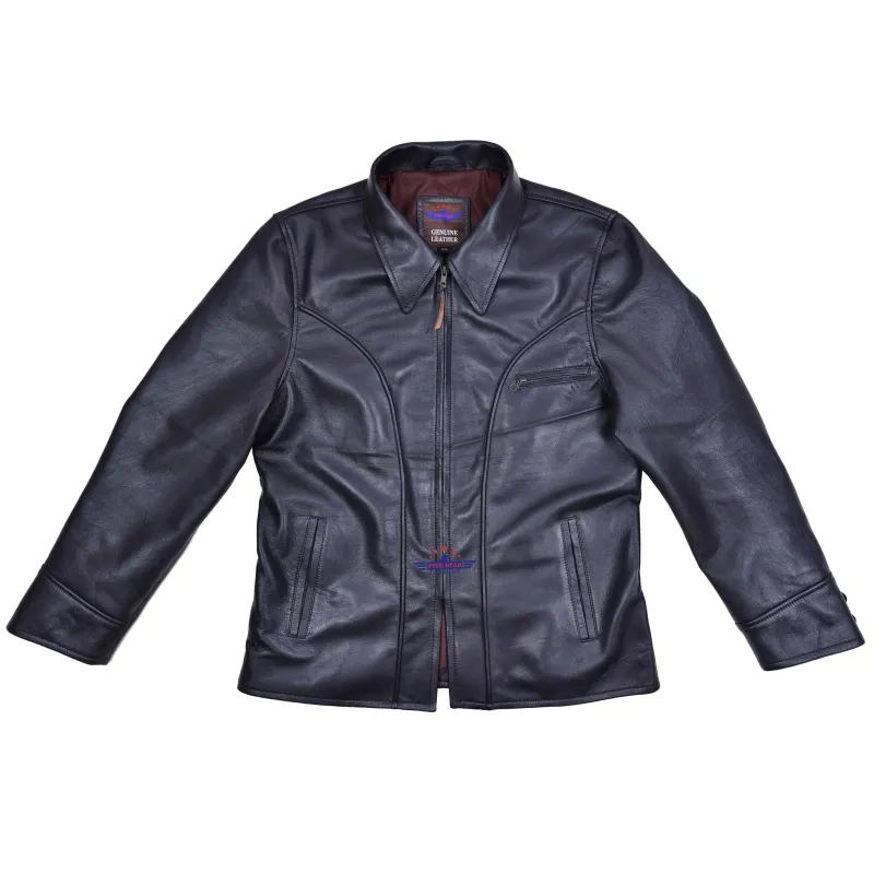 Men Long Half Belt Real Goatskin Leather Jacket Seal Brown sold by Five Star Leather