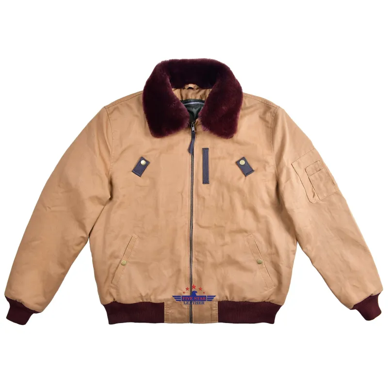 Men Army B-15 Pilot Flight Mouton Fur Collar Fabric Jacket sold by Five Star Leather