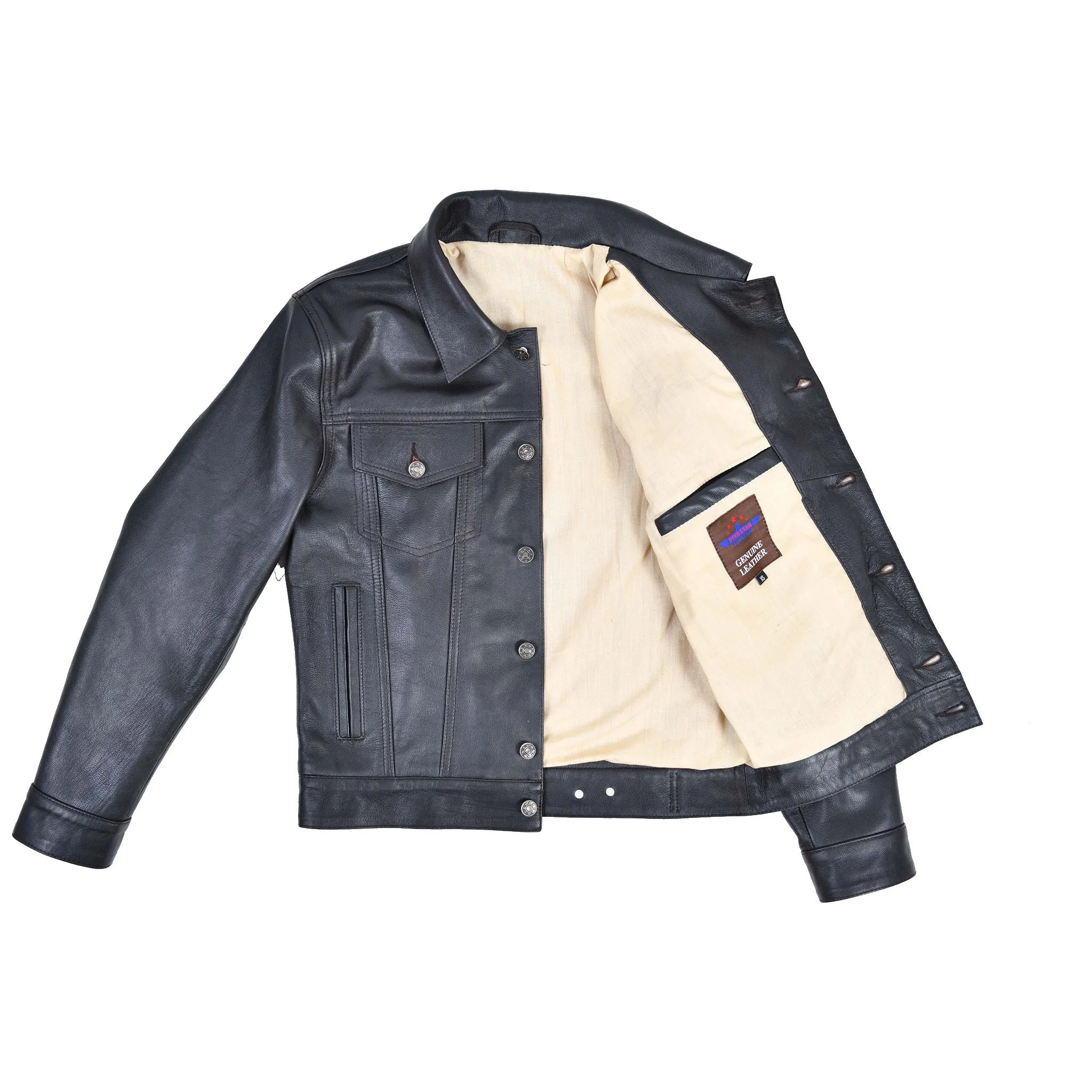 Men Trucker Real Goatskin Classic Western Denim Style Seal Brown Leather Jacket sold by Five Star Leather product image thumbnail 4