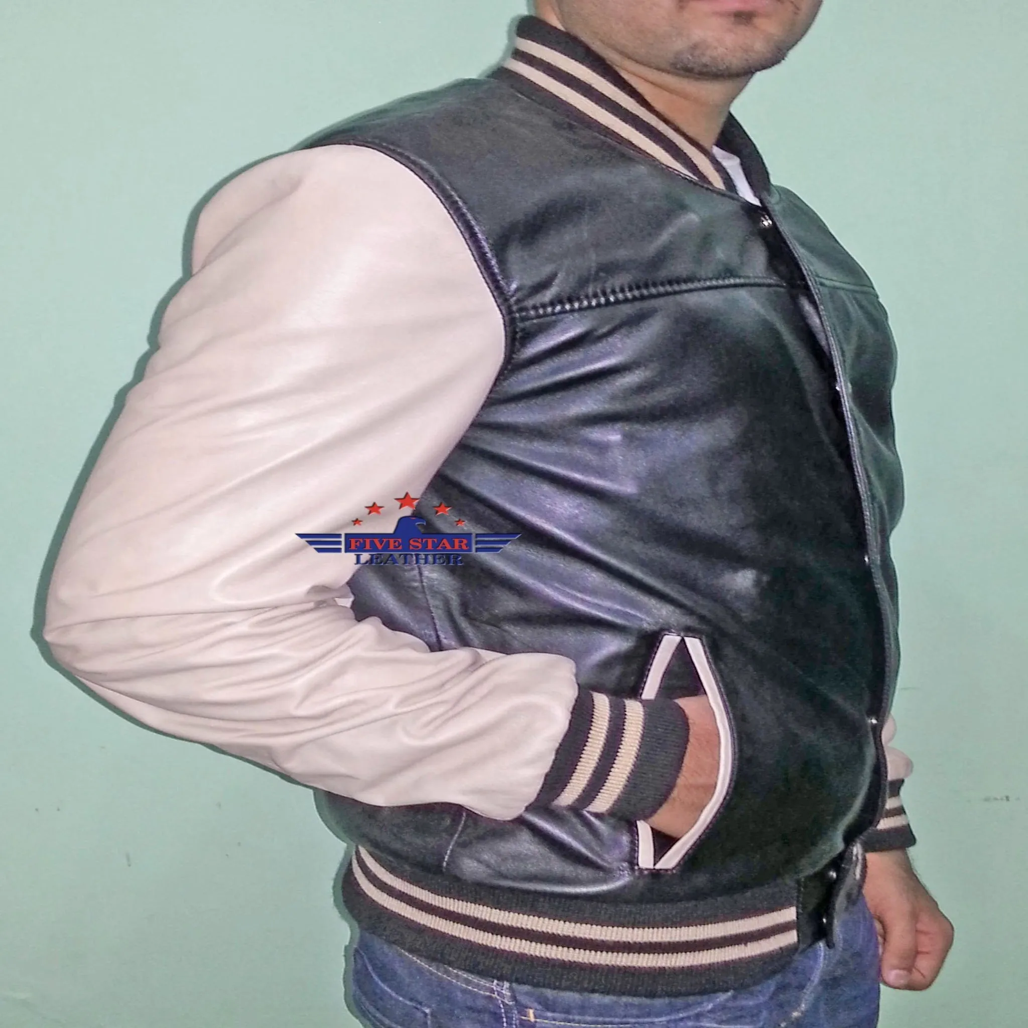 Men Real Soft Lamb Leather Puffer Varsity Baseball Bomber College Jacket School sold by Five Star Leather product image thumbnail 5