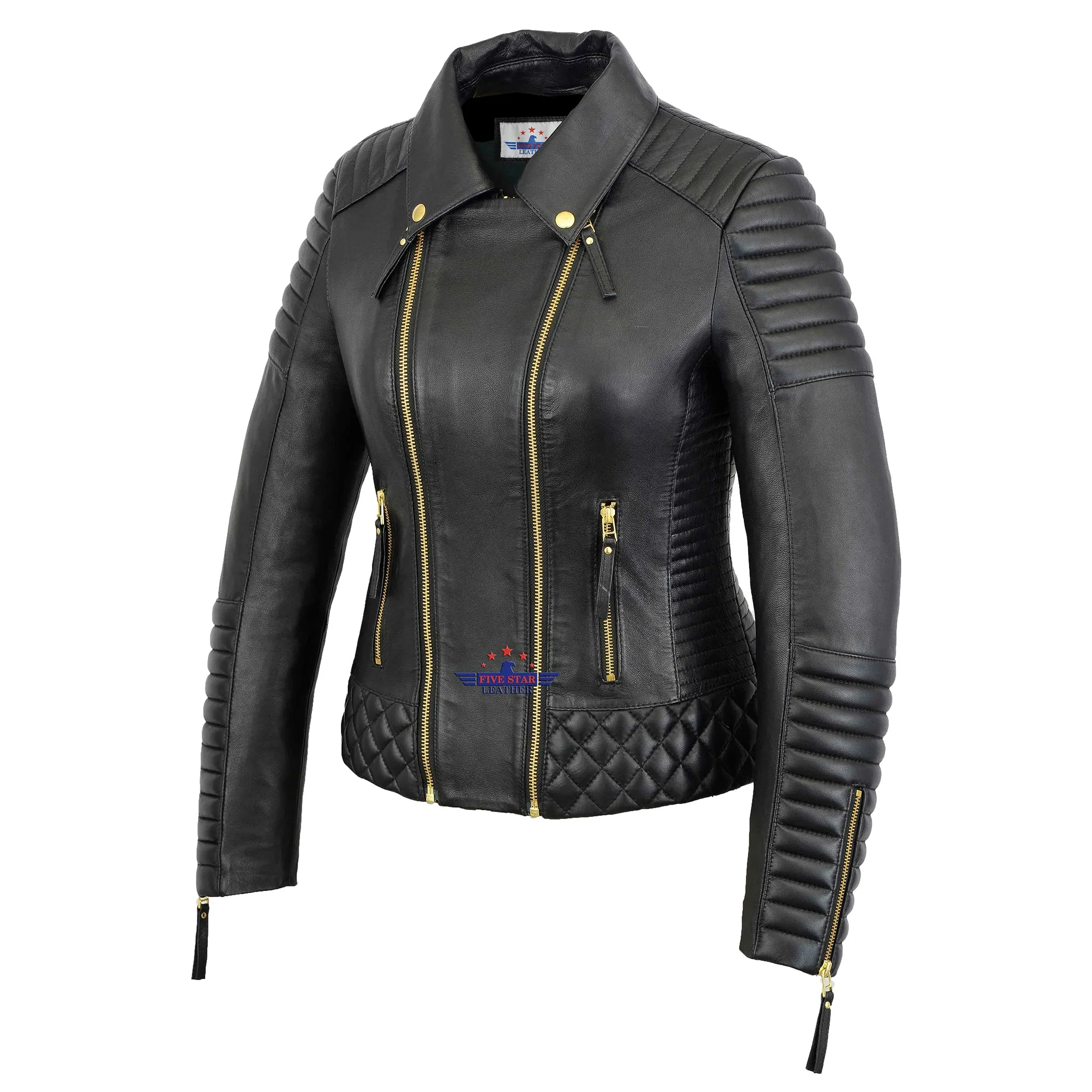 Women Real Leather Jacket Triple zip Padded Quilted Double Breasted sold by Five Star Leather product image thumbnail 2