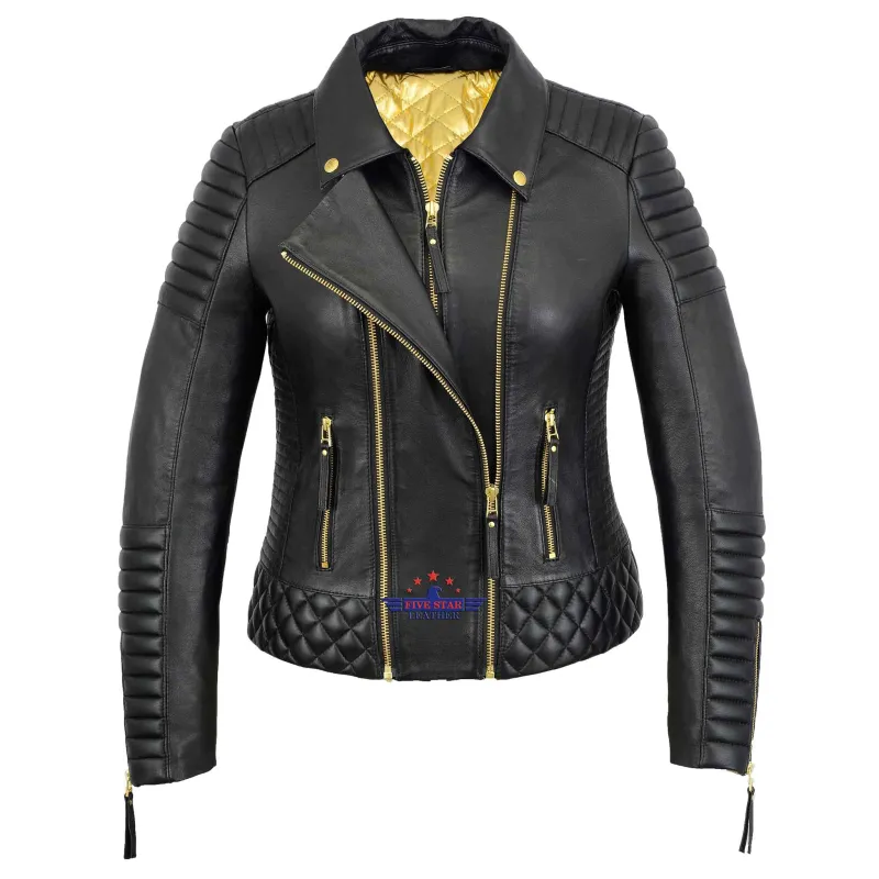 Women Real Leather Jacket Triple zip Padded Quilted Double Breasted sold by Five Star Leather