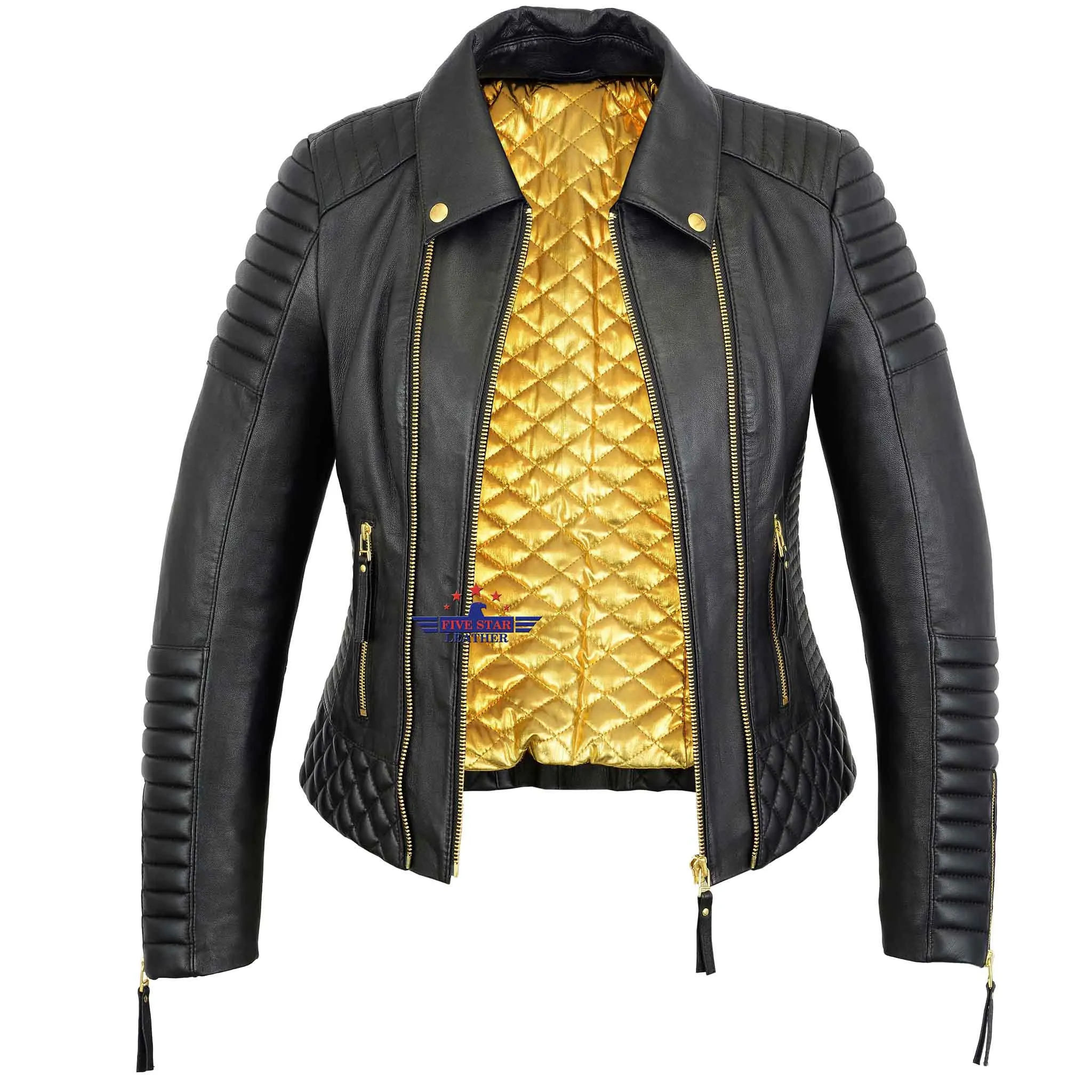 Women Real Leather Jacket Triple zip Padded Quilted Double Breasted sold by Five Star Leather product image thumbnail 4