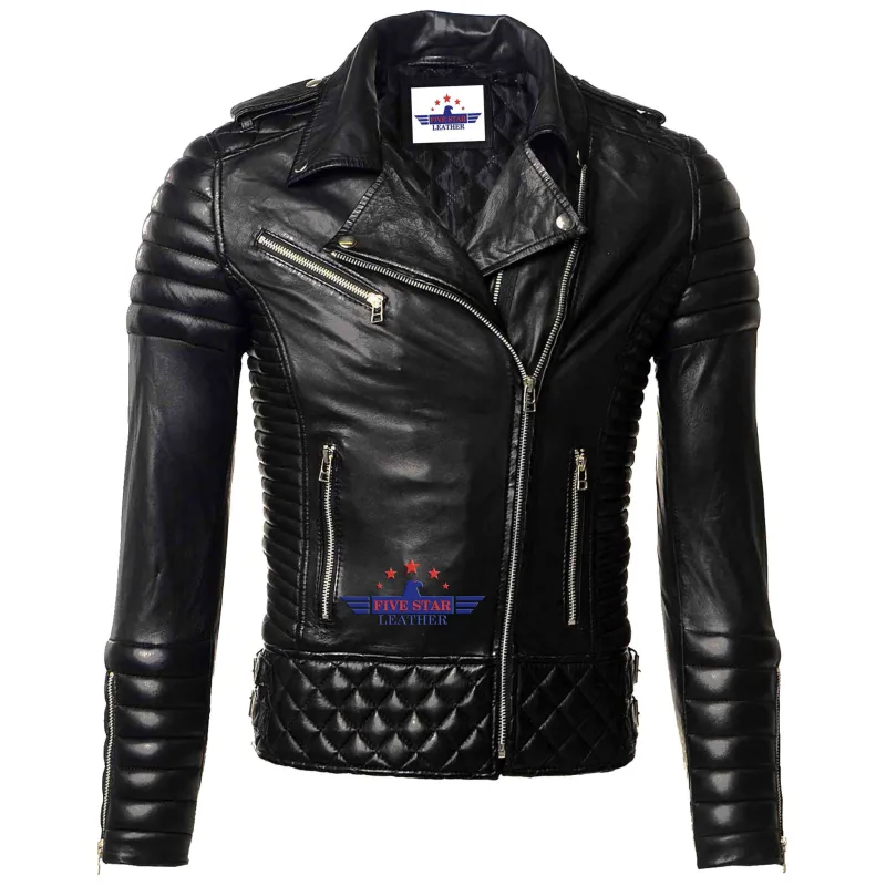Women Ladies Black shoulder Diamond Quilted Lambskin Fashion Leather Jacket sold by Five Star Leather