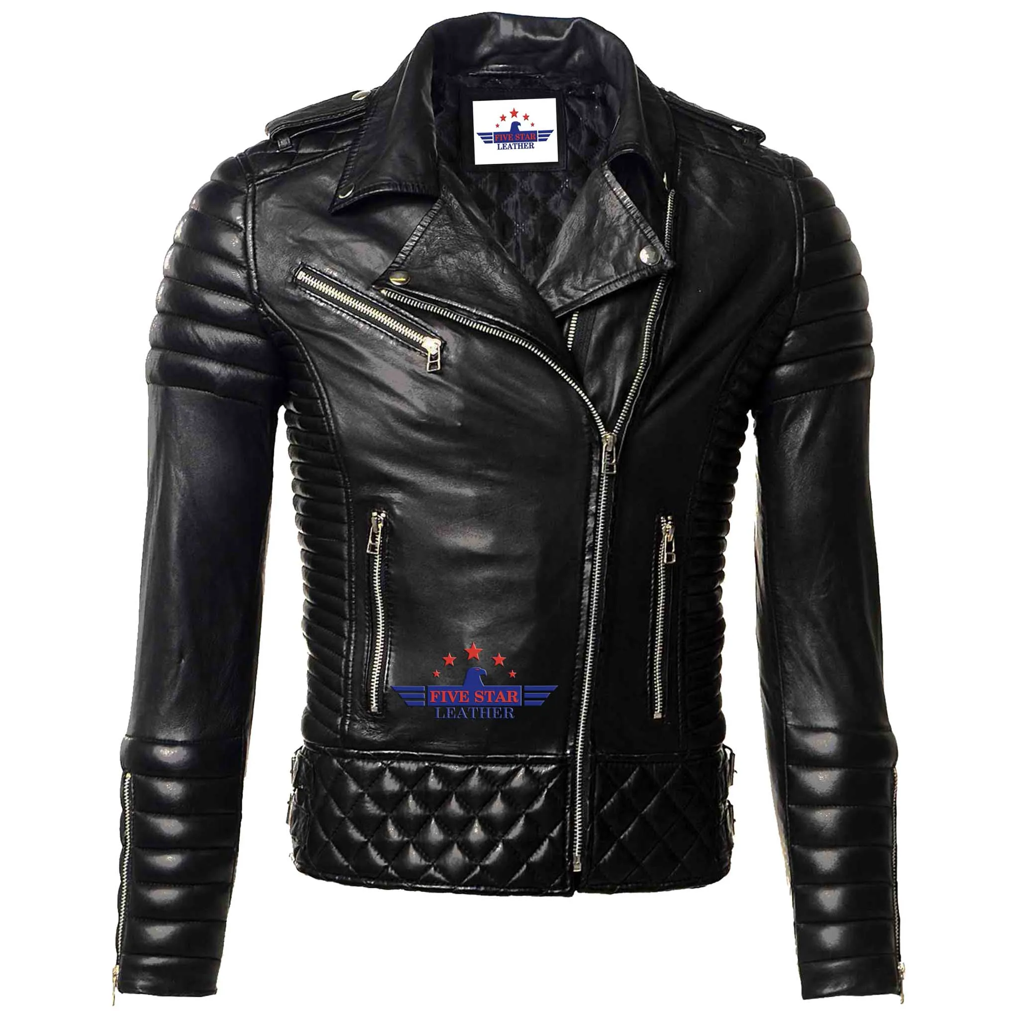 Women Ladies Black shoulder Diamond Quilted Lambskin Fashion Leather Jacket sold by Five Star Leather