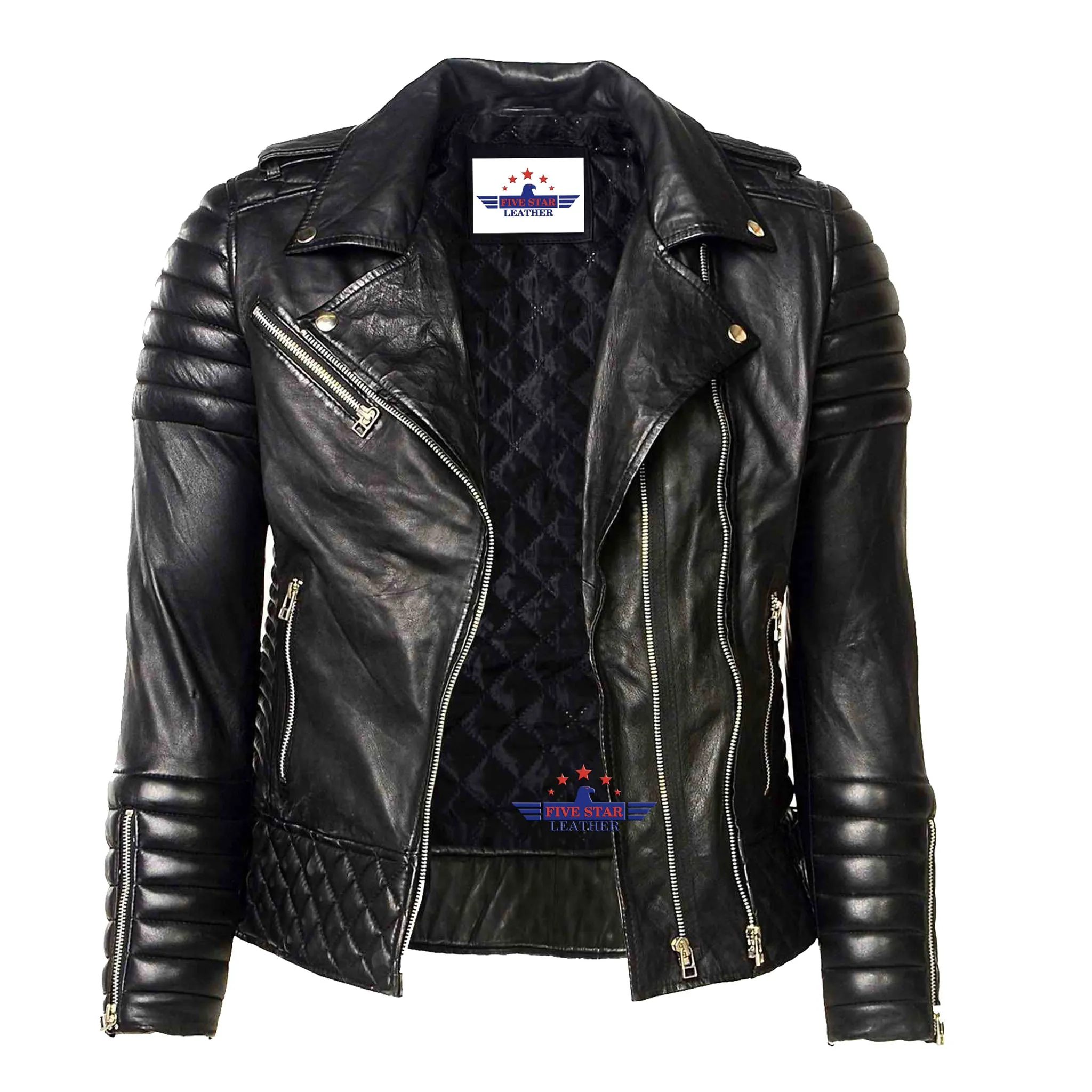 Women Ladies Black shoulder Diamond Quilted Lambskin Fashion Leather Jacket sold by Five Star Leather product image thumbnail 3