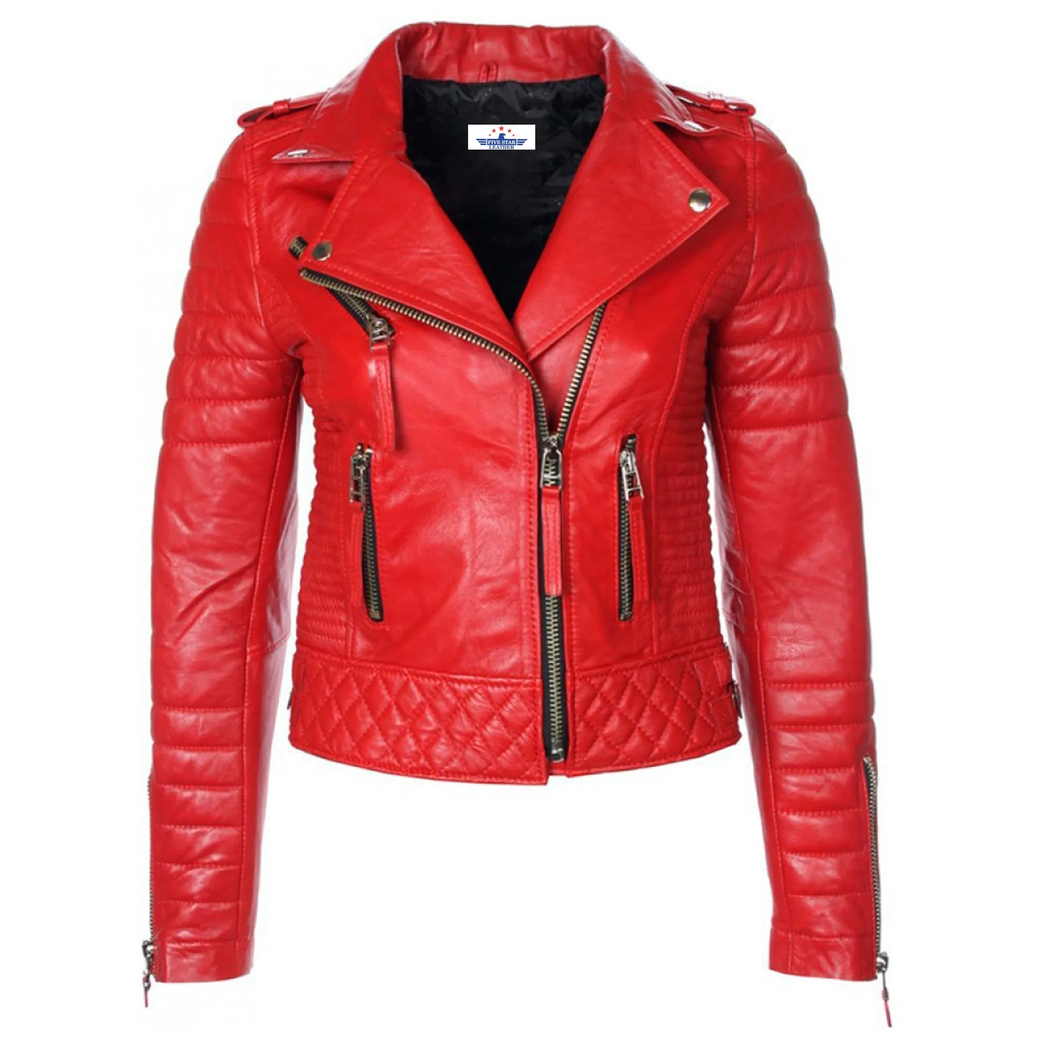 Women Ladies Red shoulder Diamond Quilted Lambskin Fashion Leather Jacket sold by Five Star Leather