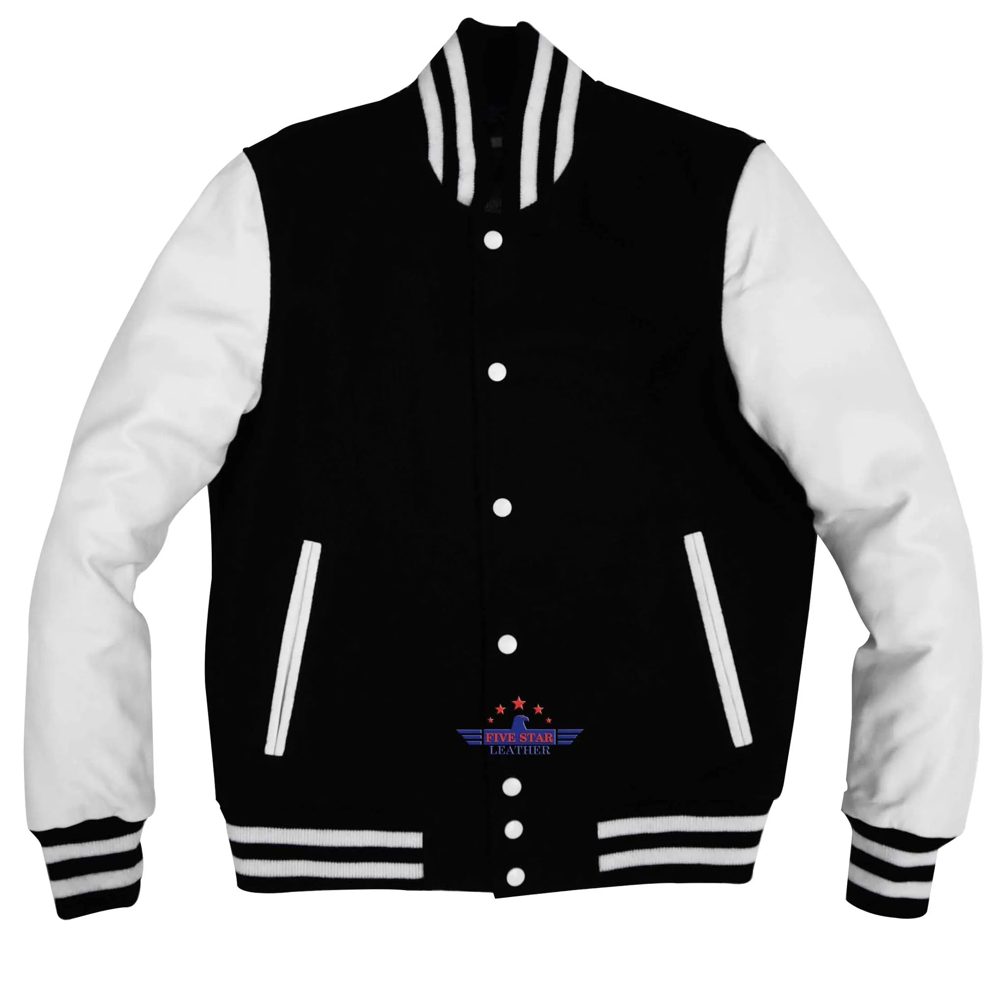 Men Real Leather Sleeve Varsity Baseball Bomber College Wool Jacket Blue & White sold by Five Star Leather product image thumbnail 4