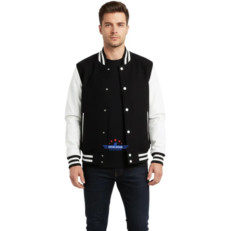 Men Real Leather Sleeve Varsity Baseball Bomber College Wool Jacket Blue & White made by Five Star Leather