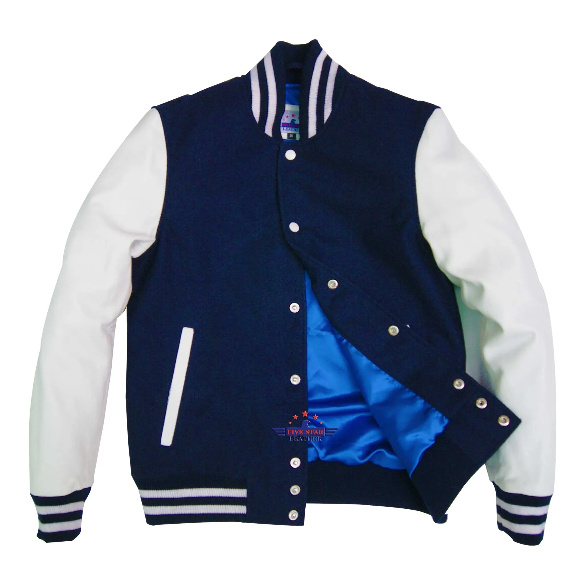 Men Real Leather Sleeve Varsity Baseball Bomber College Wool Jacket Blue & White sold by Five Star Leather product image thumbnail 2