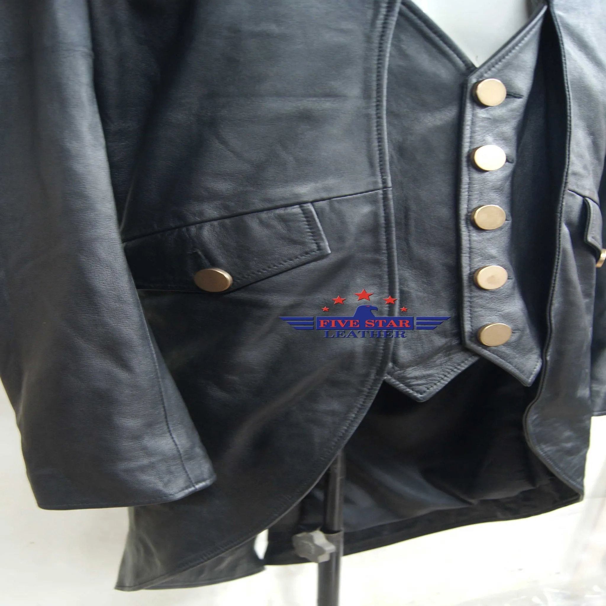 Men REAL SHEEP SKIN LEATHER Black TAILCOAT Steampunk Jacket Dress Coat GOTHIC sold by Five Star Leather product image thumbnail 2