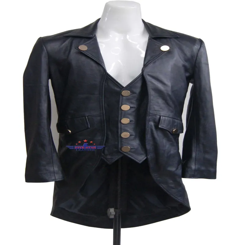 Men REAL SHEEP SKIN LEATHER Black TAILCOAT Steampunk Jacket Dress Coat GOTHIC made by Five Star Leather