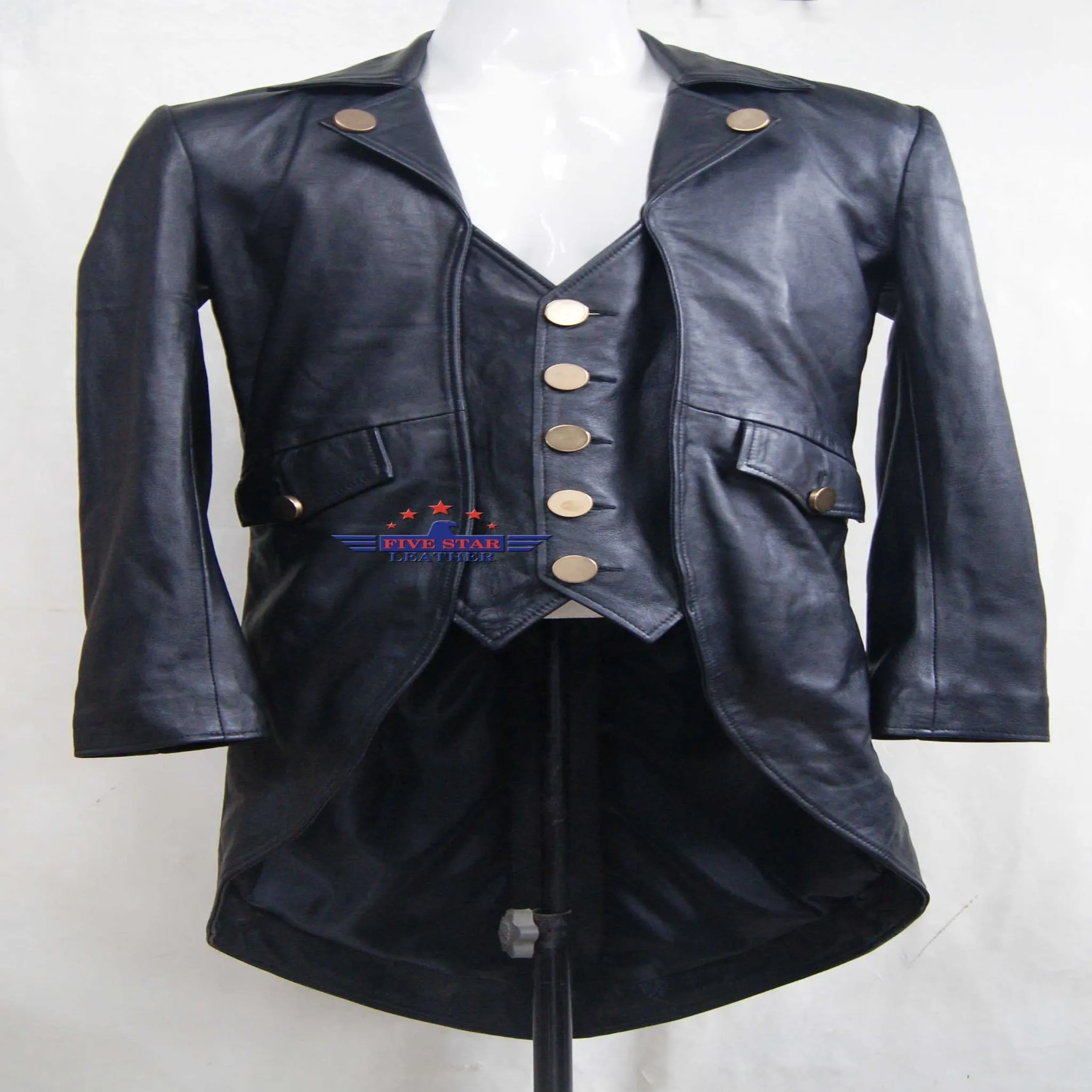 Men REAL SHEEP SKIN LEATHER Black TAILCOAT Steampunk Jacket Dress Coat GOTHIC sold by Five Star Leather product image thumbnail 4
