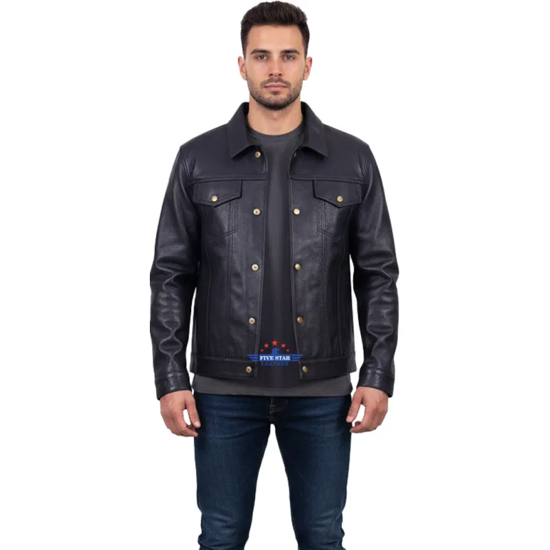 Men TRUCKER Real Goatskin Classic Western Denim Style Dark Brown Leather Jacket sold by Five Star Leather