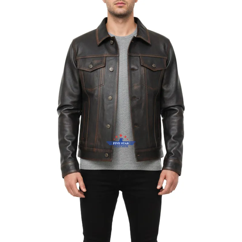 Men Trucker Real Goatskin Classic Western Denim Style Distressed Brown Leather Jacket sold by Five Star Leather