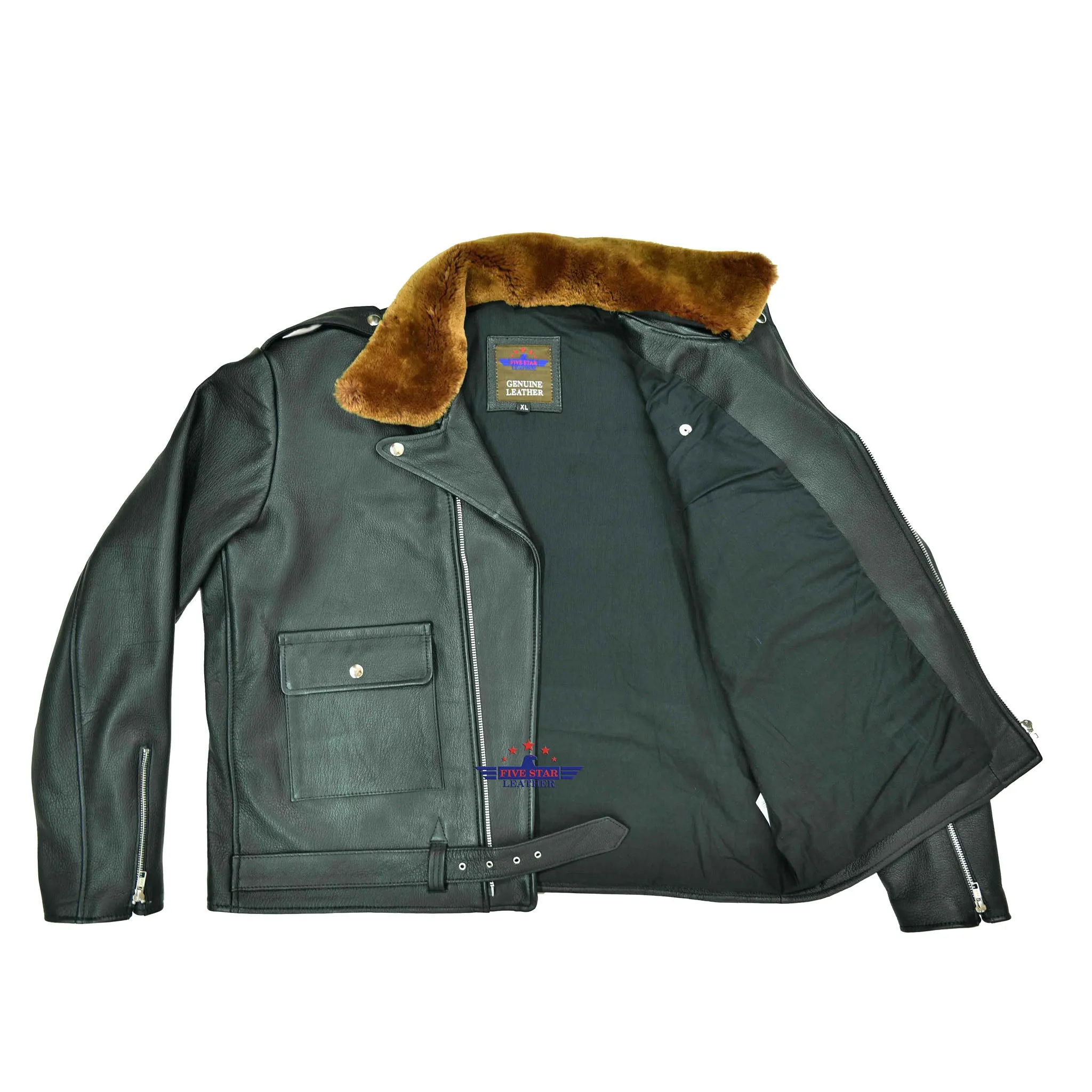 Men's Motorbike Real Goatskin Vintage Classic Jacket with Removable Fur Collar sold by Five Star Leather product image thumbnail 4