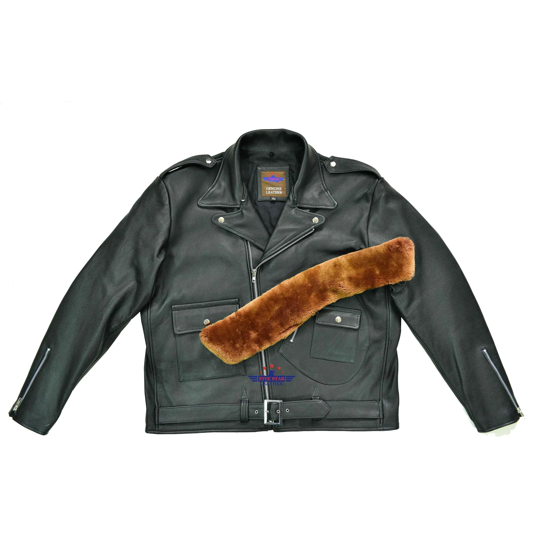 Men's Motorbike Real Goatskin Vintage Classic Jacket with Removable Fur Collar sold by Five Star Leather product image thumbnail 2