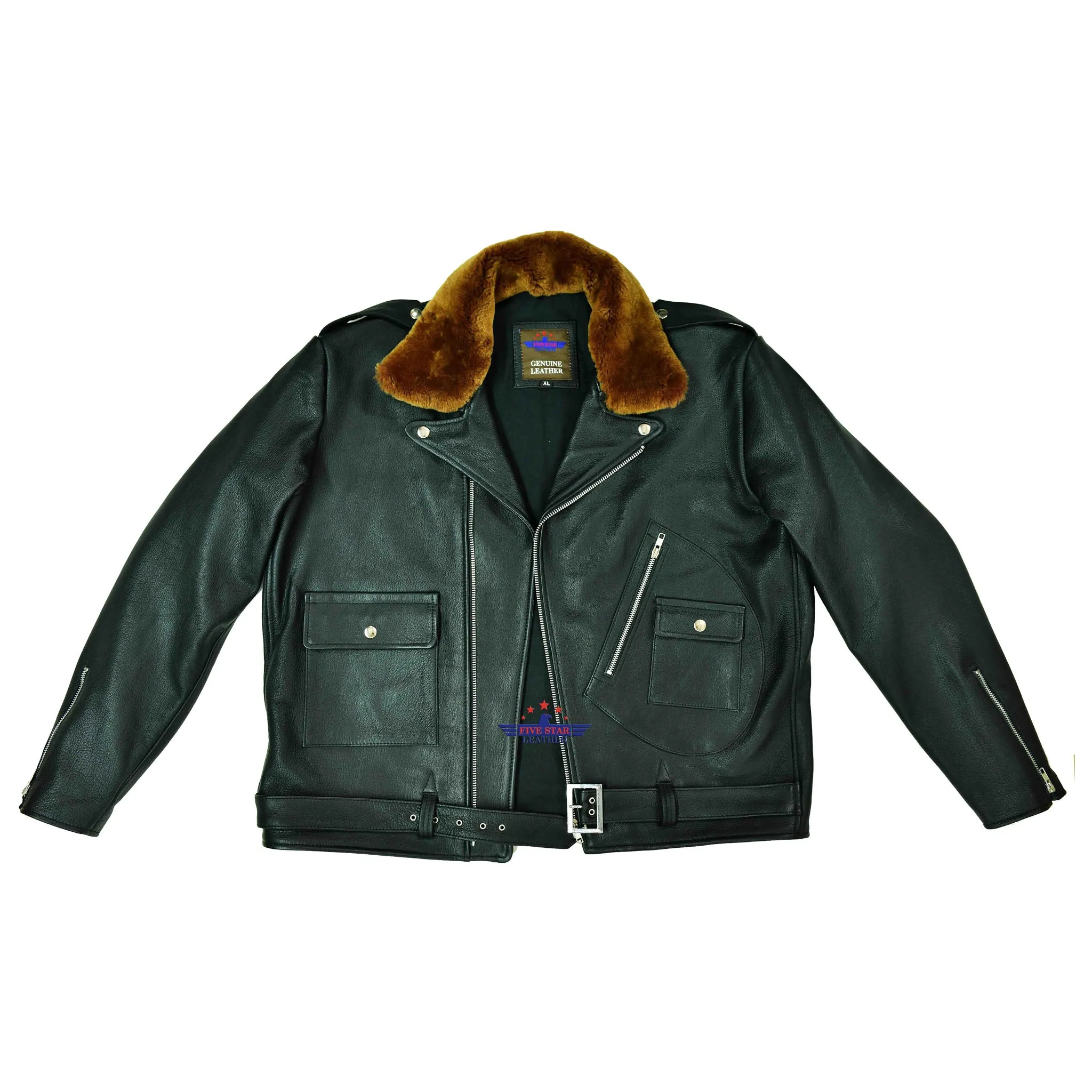 Men's Motorbike Real Goatskin Vintage Classic Jacket with Removable Fur Collar sold by Five Star Leather product image thumbnail 3