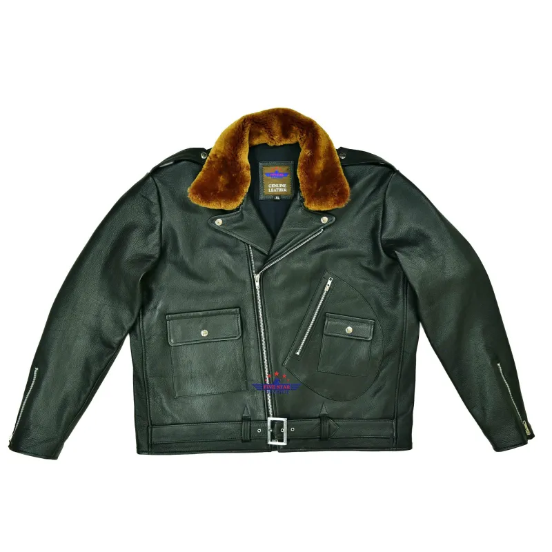 Men's Motorbike Real Goatskin Vintage Classic Jacket with Removable Fur Collar sold by Five Star Leather