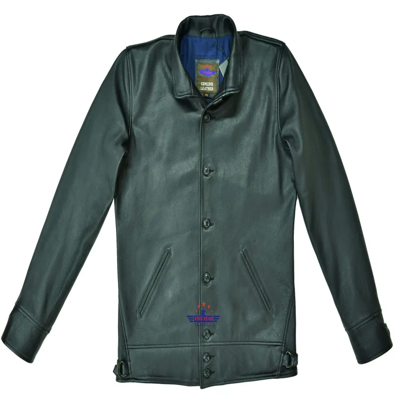Men's Real Goatskin Brakeman Coat Jacket with Stand-Up Shawl Collar and Vintage Front Button sold by Five Star Leather