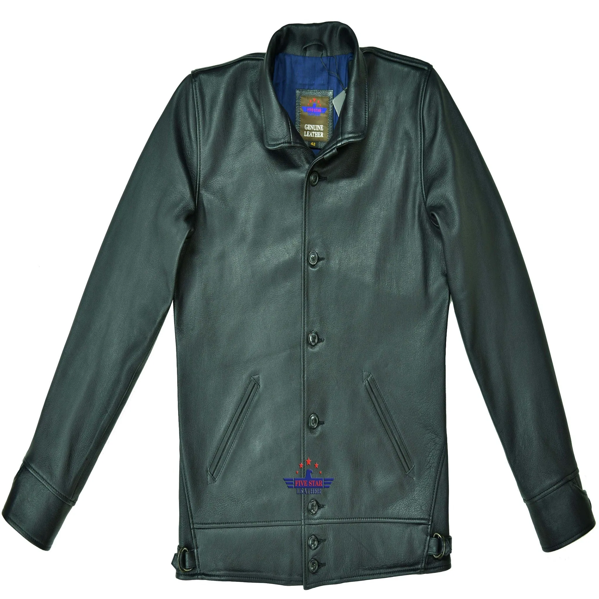 Men's Real Goatskin Brakeman Coat Jacket with Stand-Up Shawl Collar and Vintage Front Button sold by Five Star Leather