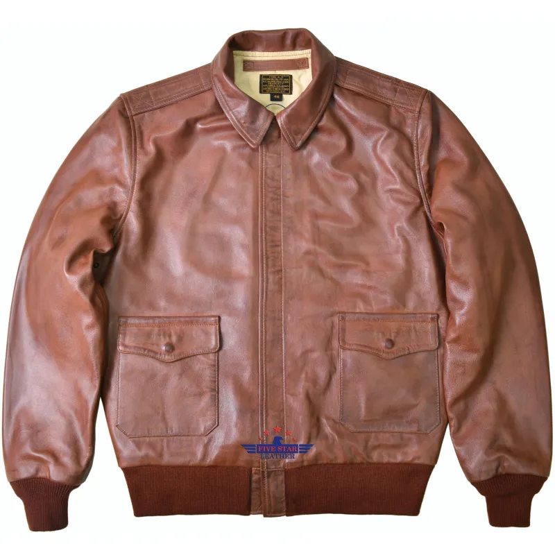 Men Type A2 Repro Military Bronco WWII Air force Reddish Russet Brown Capeskin Leather Jacket sold by Five Star Leather