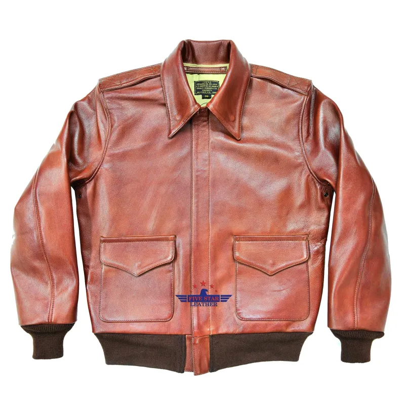 Men A2 Repro David D. Doniger Type Military Flight Dark Reddish Russet Brown Goatskin Leather Jacket sold by Five Star Leather