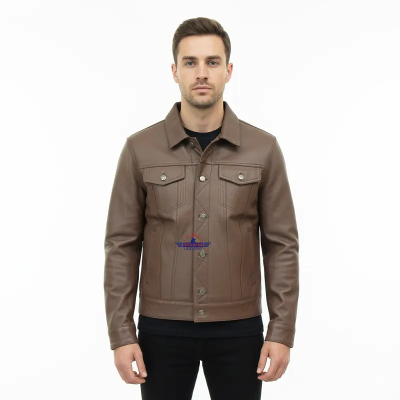 Men TRUCKER Real Goatskin Classic Western Denim Style Russet Brown Leather Jacket sold by Five Star Leather