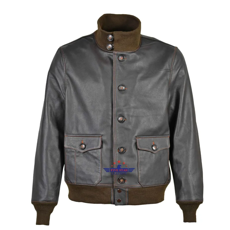 Men Flight A-1 Repro Goatskin Leather Jacket Military Aviation Bomber Seal Brown sold by Five Star Leather