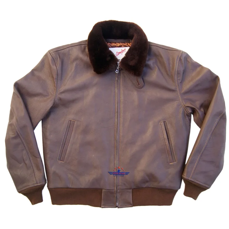 Wind Breaker Men Real Goatskin Russet Brown Leather Jacket with Mouton Fur Collar sold by Five Star Leather