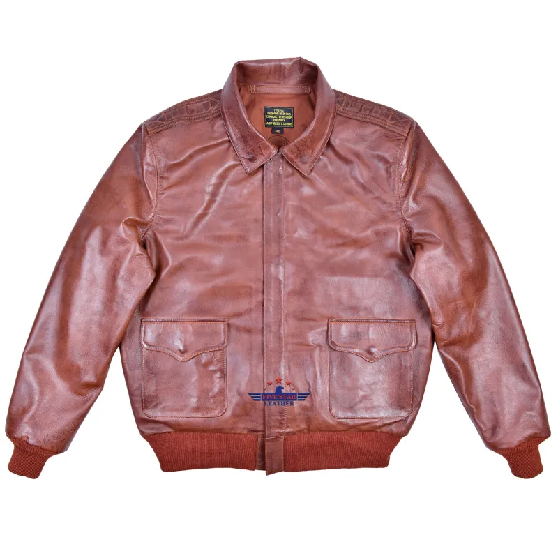 Men A2 Real Leather Aviator Pilot Jacket Bomber Air force Military Russet Brown sold by Five Star Leather