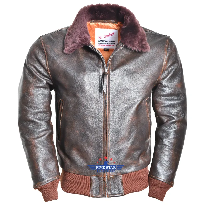 Men Real Goatskin Distressed Leather Jacket with Mouton Fur Collar Wind Breaker sold by Five Star Leather